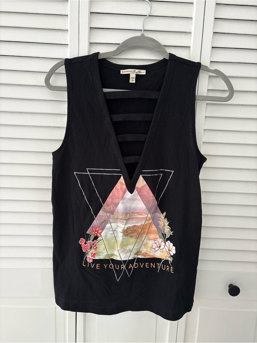 Express Black V-Neck Tank with Colorful Triangle Graphic